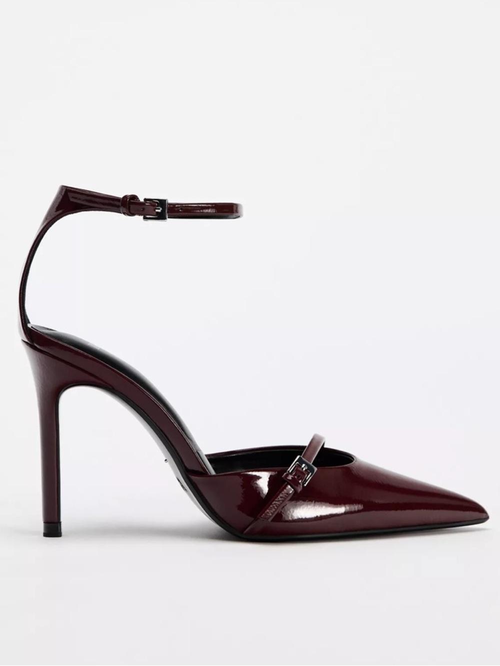 ZARA Patent Leather Pointed Ankle-Strap Pump in Burgundy
